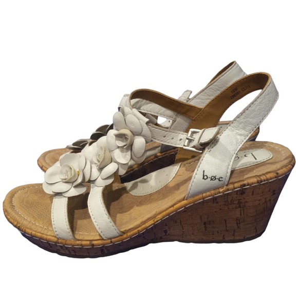 White BOC Leather Flower Strappy Cork Floral Wedge Sandals Heels Size 10 - Picture 3 of 5